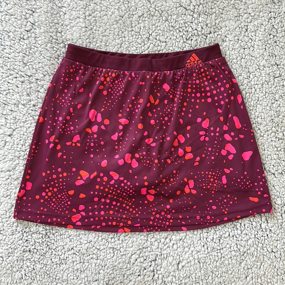Adidas Climalite pink burgundy orange splatter paint Tennis Golf skirt girls L